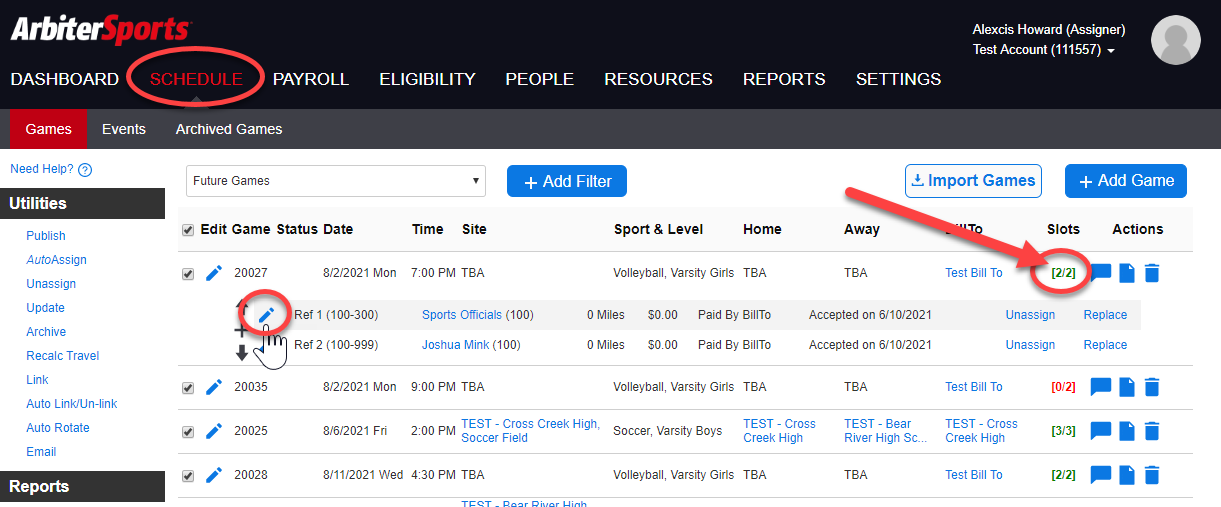 Edit Game Fees on Assigning Page