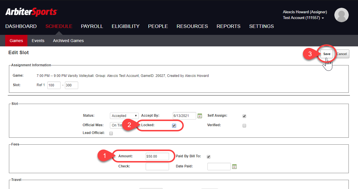 Edit Game Fees on Assigning Page